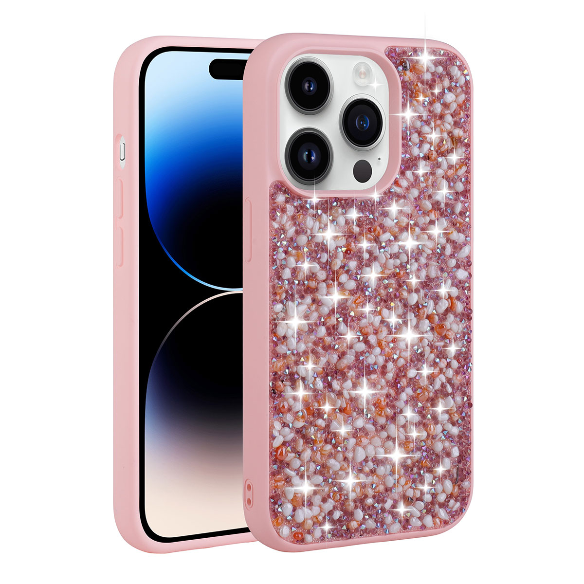 iPhone 14 Pro Uyumlu Parlak Taşlı Tasarım NXXA Linea Kapak-Pembe