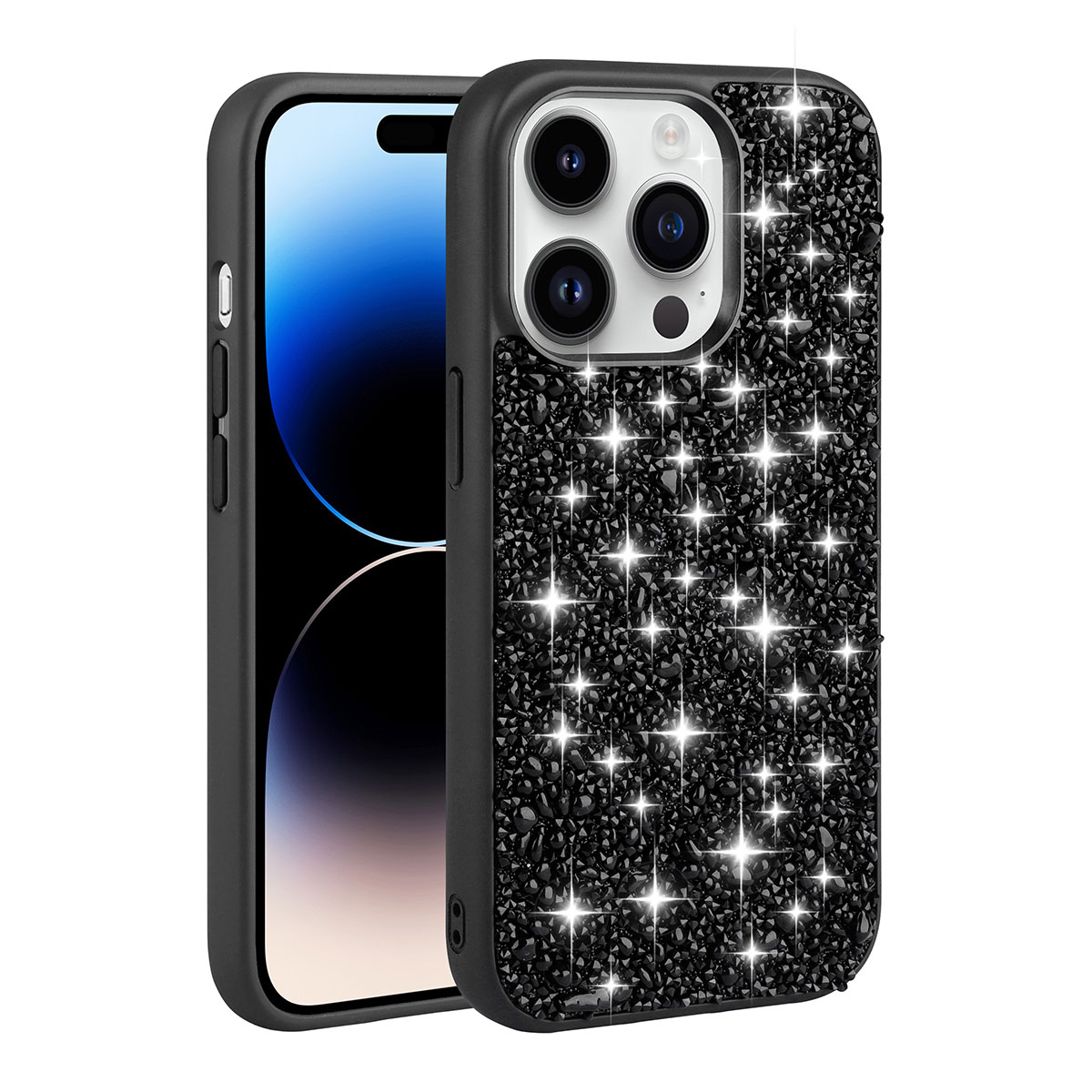 iPhone 14 Pro Uyumlu Parlak Taşlı Tasarım NXXA Linea Kapak-Siyah