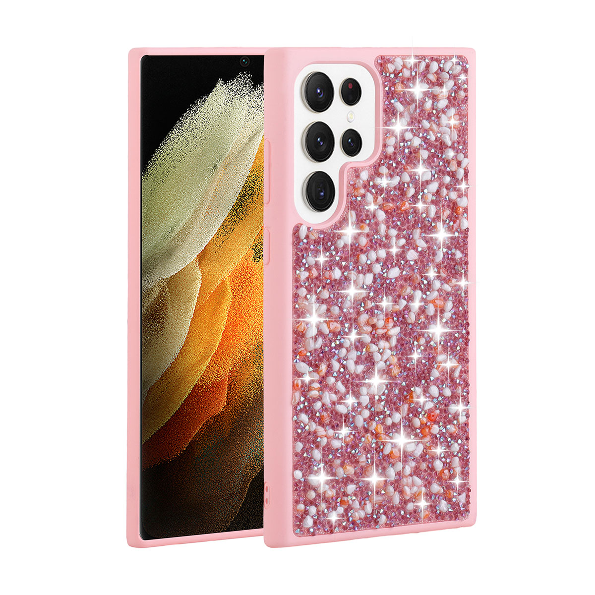 Galaxy S23 Ultra Kılıf Parlak Taşlı Tasarım NXXA Linea Kapak-Pembe
