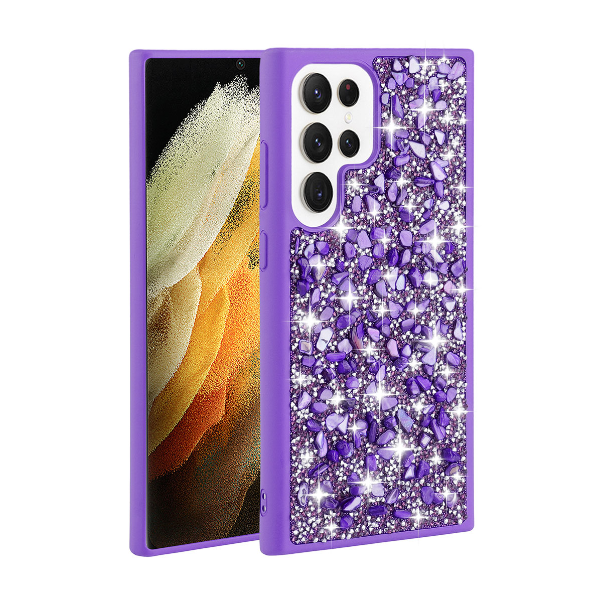 Galaxy S23 Ultra Kılıf Parlak Taşlı Tasarım NXXA Linea Kapak-Mor