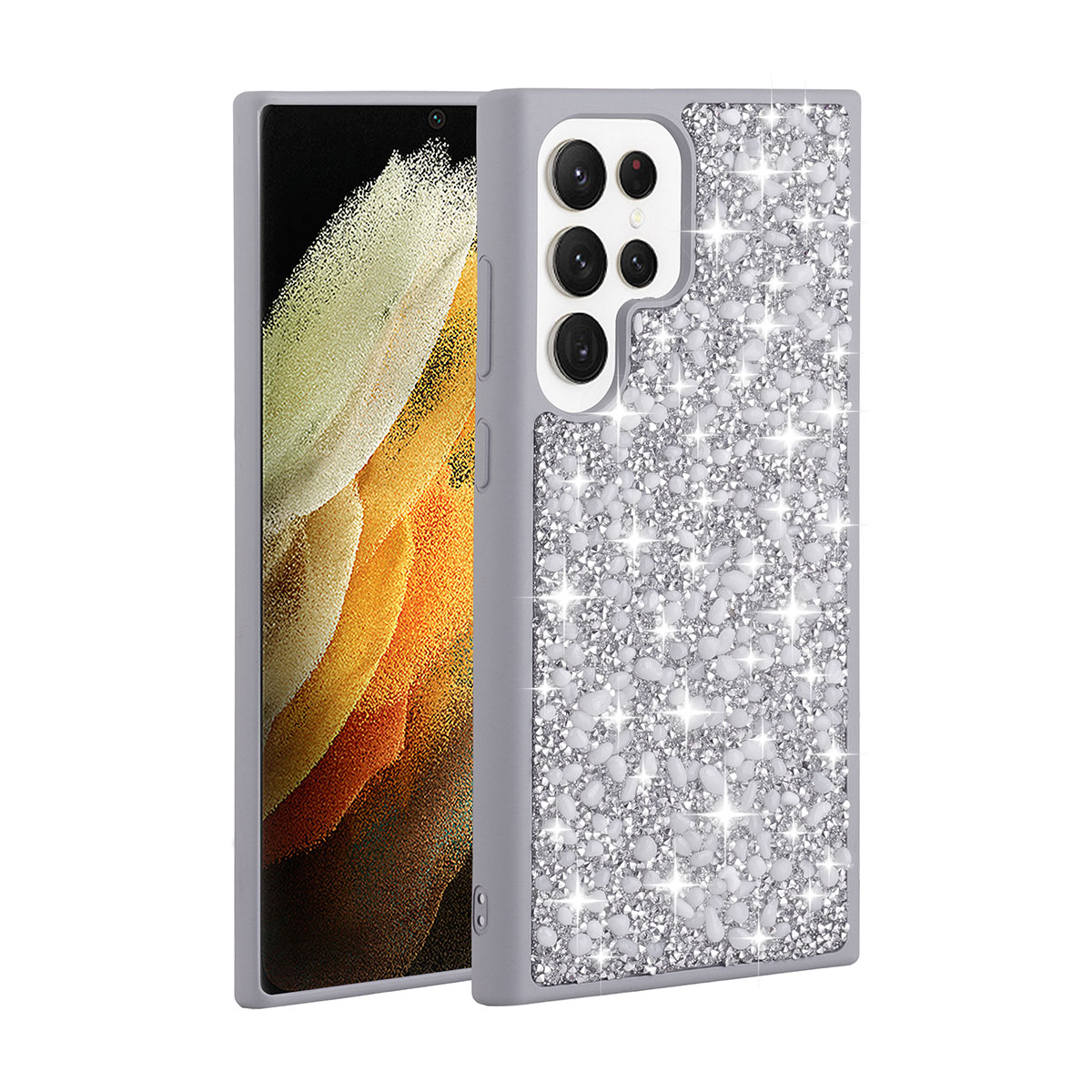 Galaxy S23 Ultra Kılıf Parlak Taşlı Tasarım NXXA Linea Kapak-Gümüş