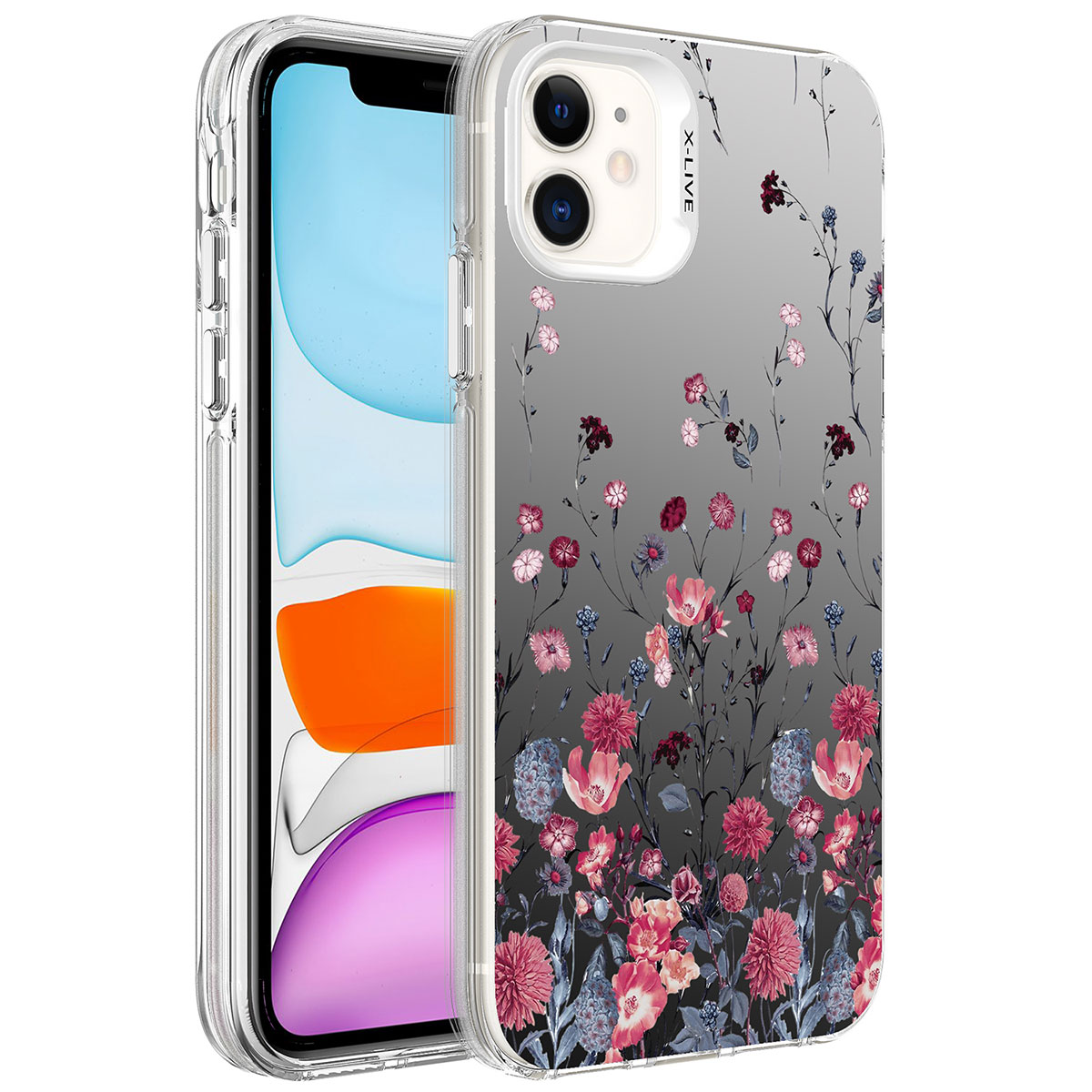 Apple iPhone 12 Kılıf Desenli NXXA Silver Sert Kapak-Çiçek