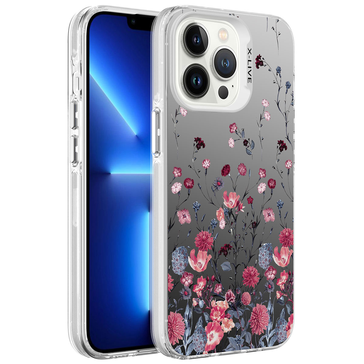 Apple iPhone 13 Pro Kılıf Desenli NXXA Silver Sert Kapak-Çiçek