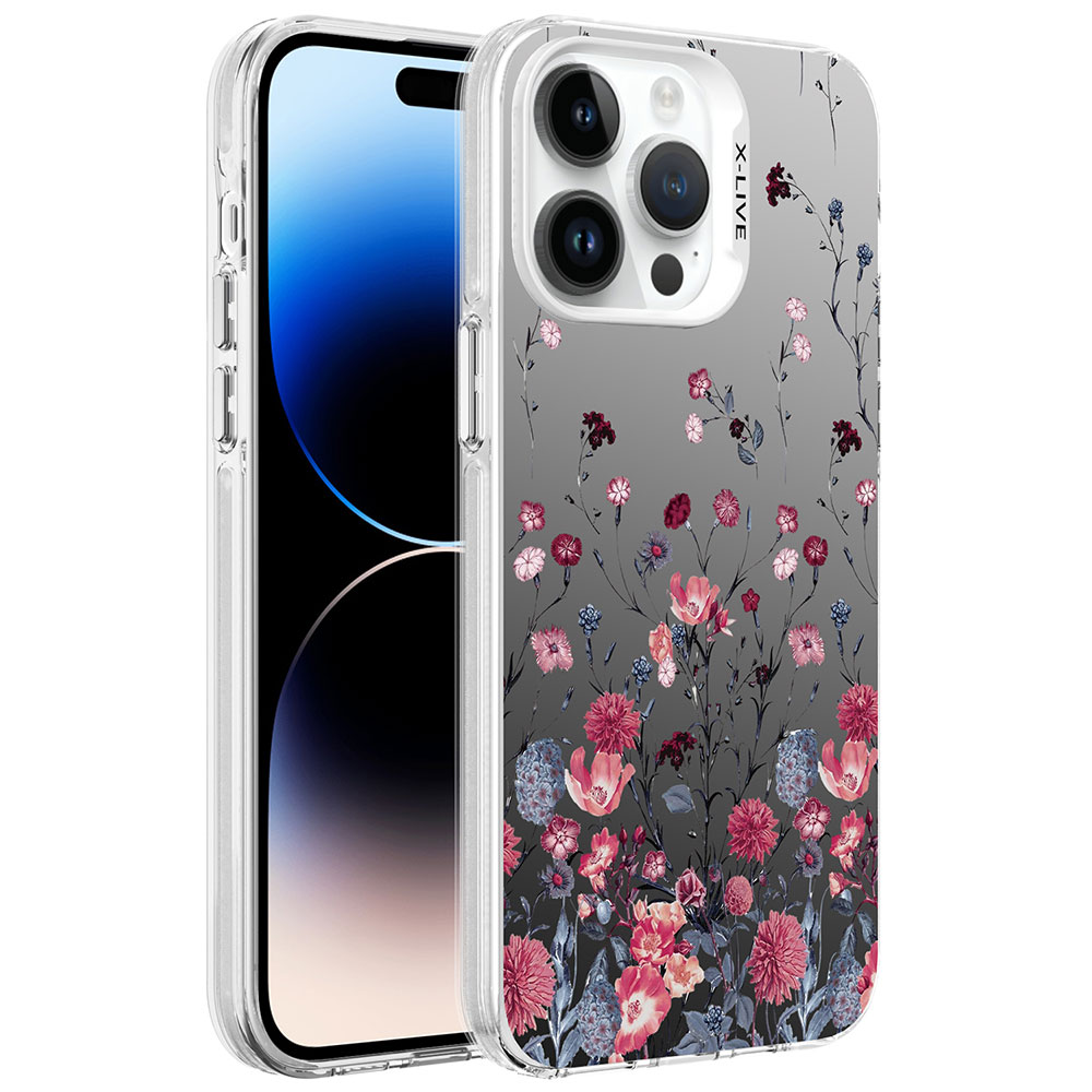 Apple iPhone 14 Pro Max Kılıf Desenli NXXA Silver Sert Kapak-Çiçek