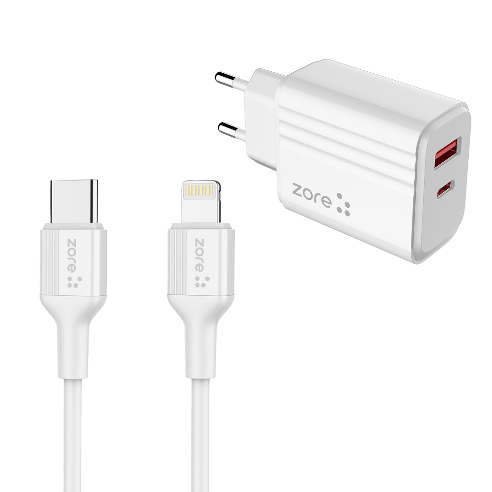 ​Zore Play Serisi PL08 Type-C to Lightning 2in1 PD Seyahat Şarj Aleti 20W - Beyaz