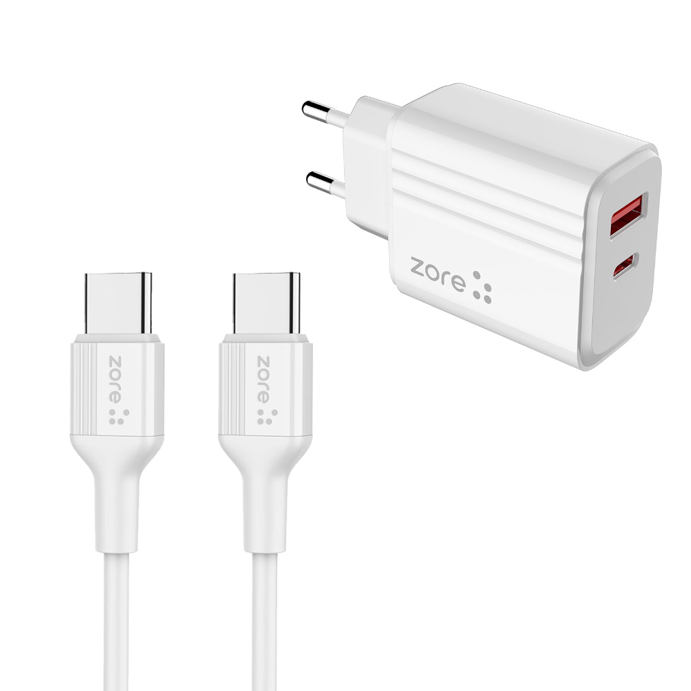 ​Zore Play Serisi PL07 Type-C to Type-C 2in1 PD Seyahat Şarj Aleti 20W - Beyaz