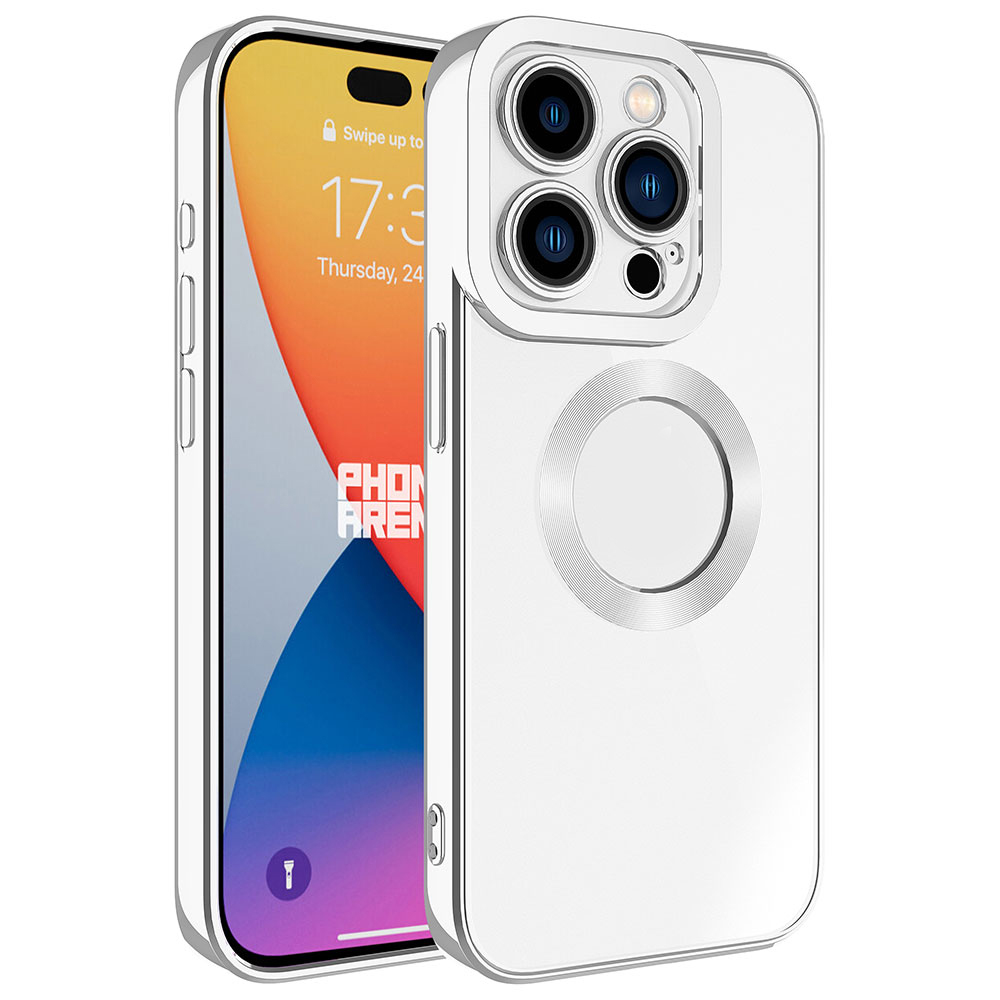 Apple iPhone 15 Pro Max Kılıf Kamera Korumalı Logo Gösteren NXXA Omega Kapak-Gümüş