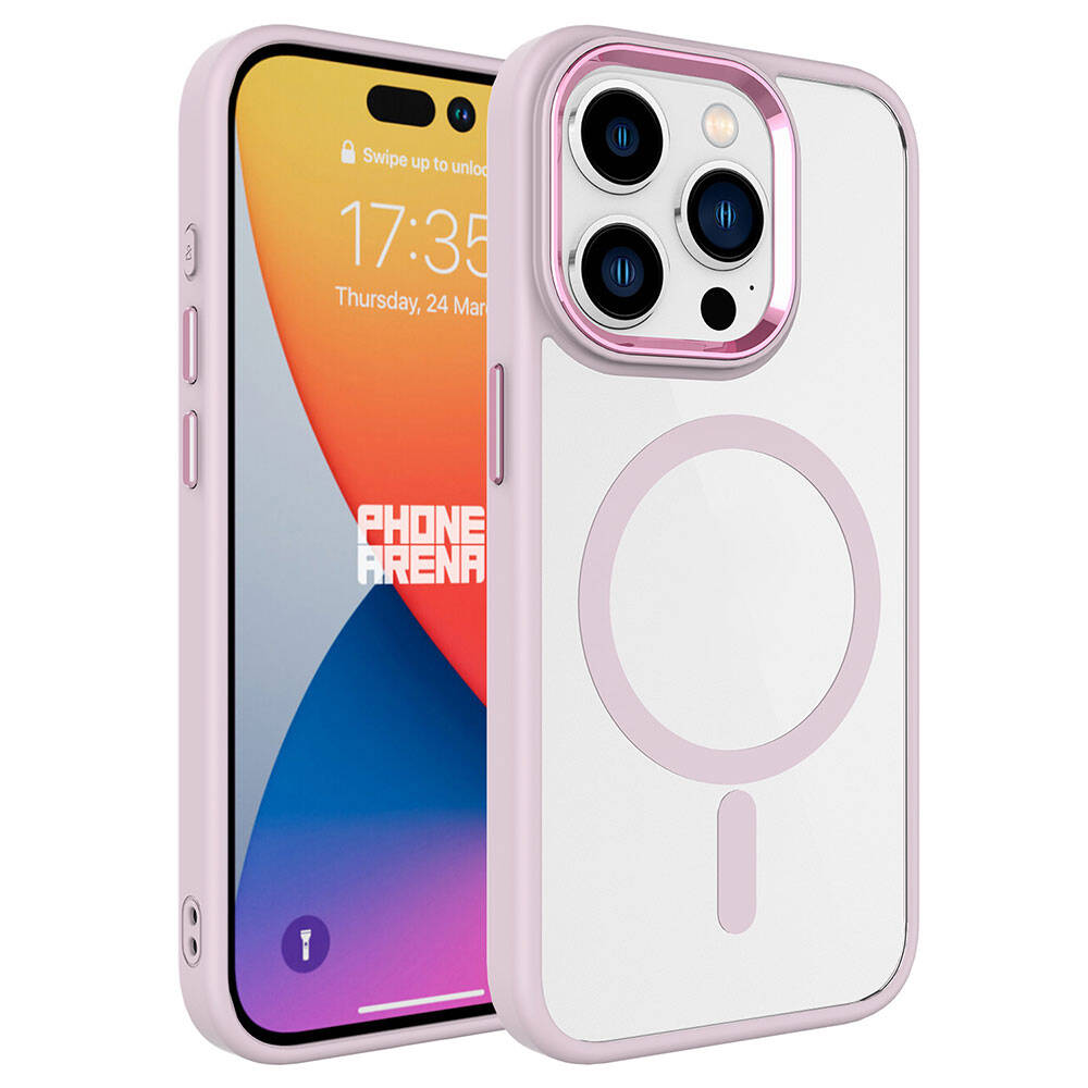 iPhone 15 Pro Max Uyumlu Wireless Şarj Özellikli NXXA Krom Magsafe Silikon Kapak-Pembe Açık