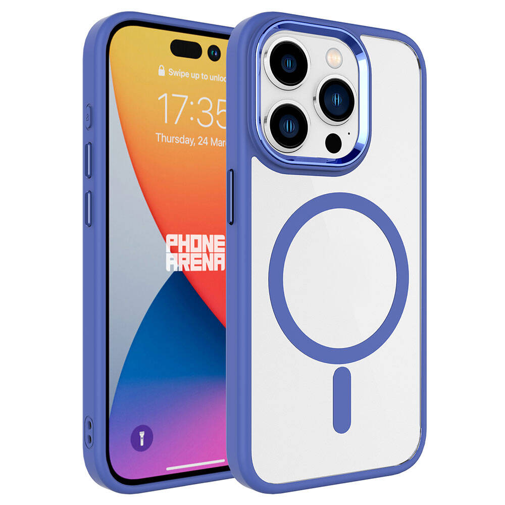Apple iPhone 15 Pro Max Kılıf Wireless Şarj Özellikli NXXA Krom Magsafe Silikon Kapak-Mavi