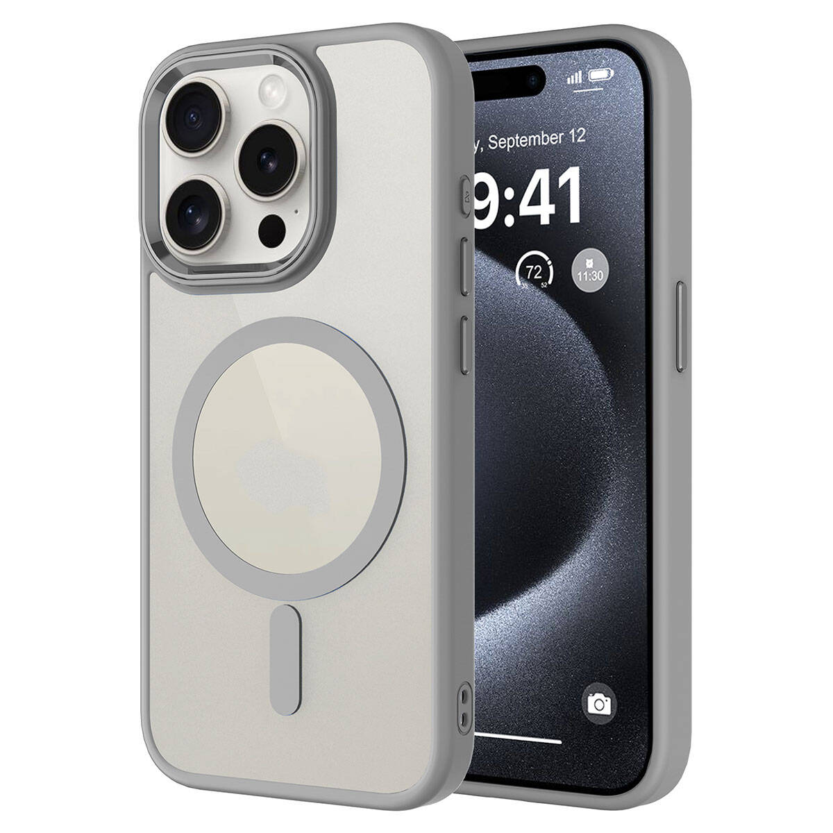 iPhone 15 Pro Max Uyumlu Wireless Şarj Özellikli NXXA Krom Magsafe Silikon Kapak-Gri