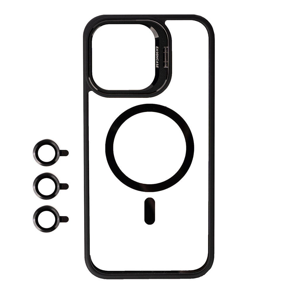 Apple iPhone 15 Pro Max Kılıf Magsafe Wireless Şarj Özellikli Standlı NXXA Magsafe Klon Lensli Kapak-Siyah