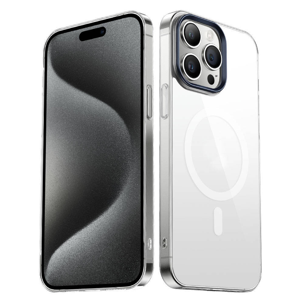 iPhone 15 Pro Uyumlu NXXA Wireless Şarj Özellikli Şeffaf G-Glass Kapak-Lacivert