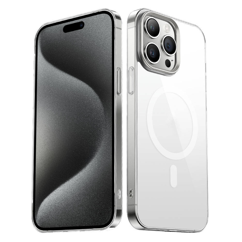 iPhone 15 Pro Max Uyumlu NXXA Wireless Şarj Özellikli Şeffaf G-Glass Kapak-Gümüş