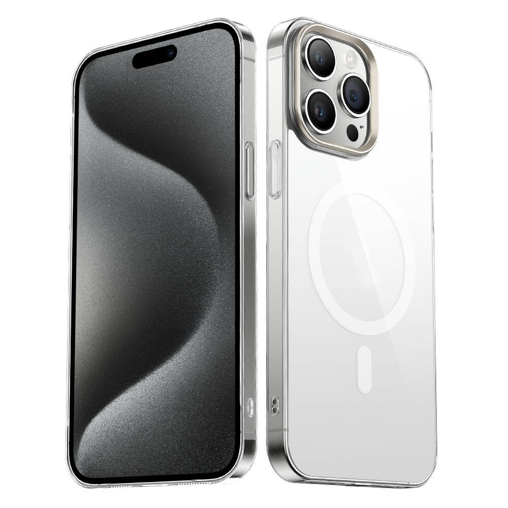 Apple iPhone 15 Pro Max Kılıf NXXA Wireless Şarj Özellikli Şeffaf G-Glass Kapak-Titanyum