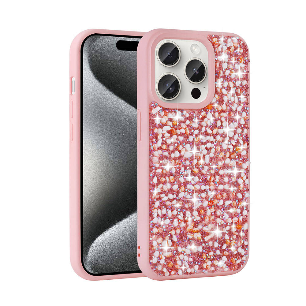iPhone 15 Pro Uyumlu Parlak Taşlı Tasarım NXXA Linea Kapak-Pembe