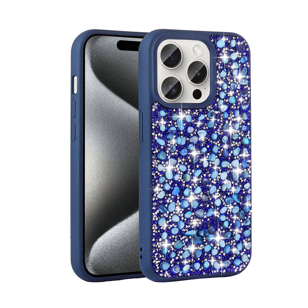 Apple iPhone 15 Pro Kılıf Parlak Taşlı Tasarım NXXA Linea Diamond Kapak-Lacivert