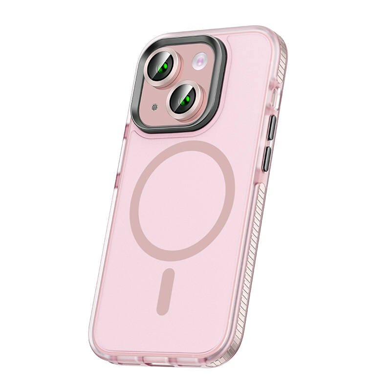 Apple iPhone 15 Kılıf Airbagli Magsafe Wireless Şarj Özellikli Lens Koruyuculu NXXA Klaptika Kapak-Pembe