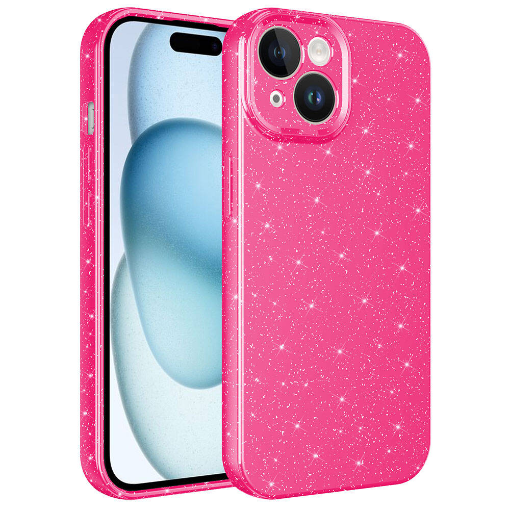 iPhone 15 Plus Uyumlu Kamera Korumalı Simli Lüks NXXA Koton Kapak-Pembe Koyu