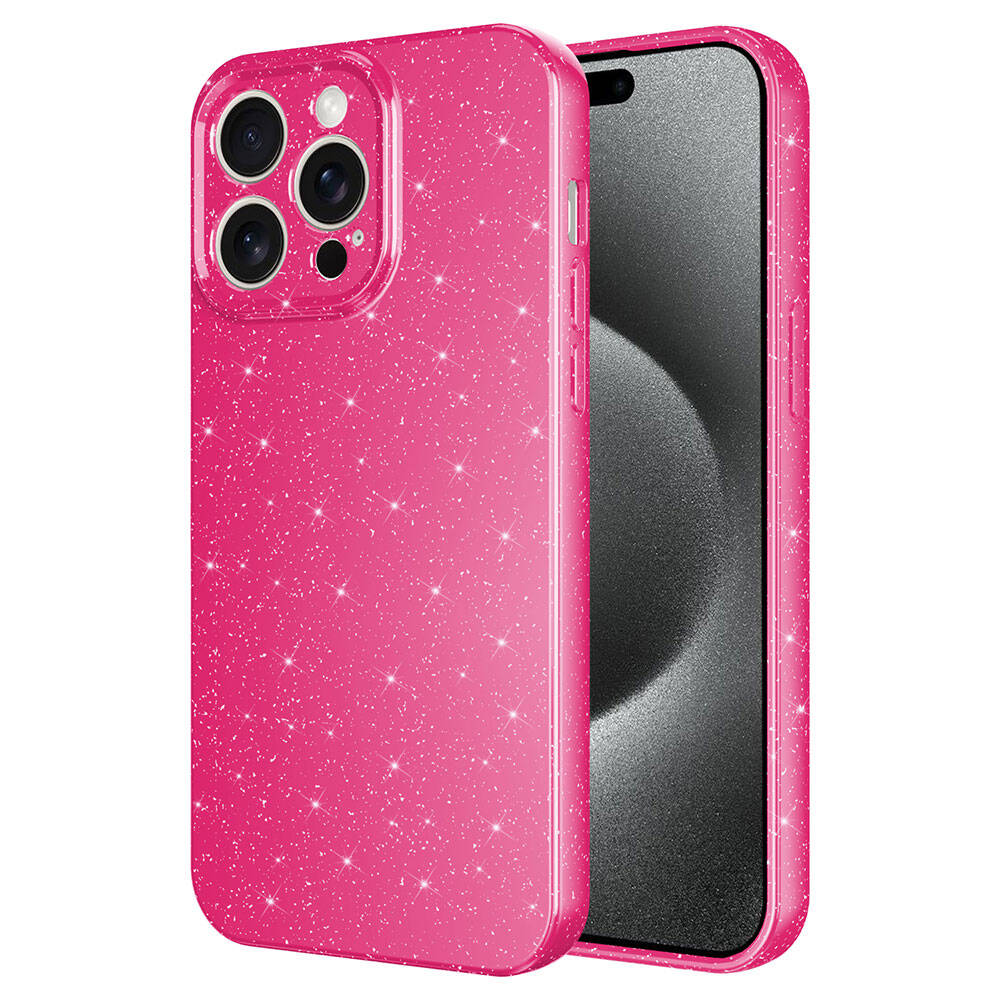 iPhone 15 Pro Uyumlu Kamera Korumalı Simli Lüks NXXA Koton Kapak-Pembe Koyu