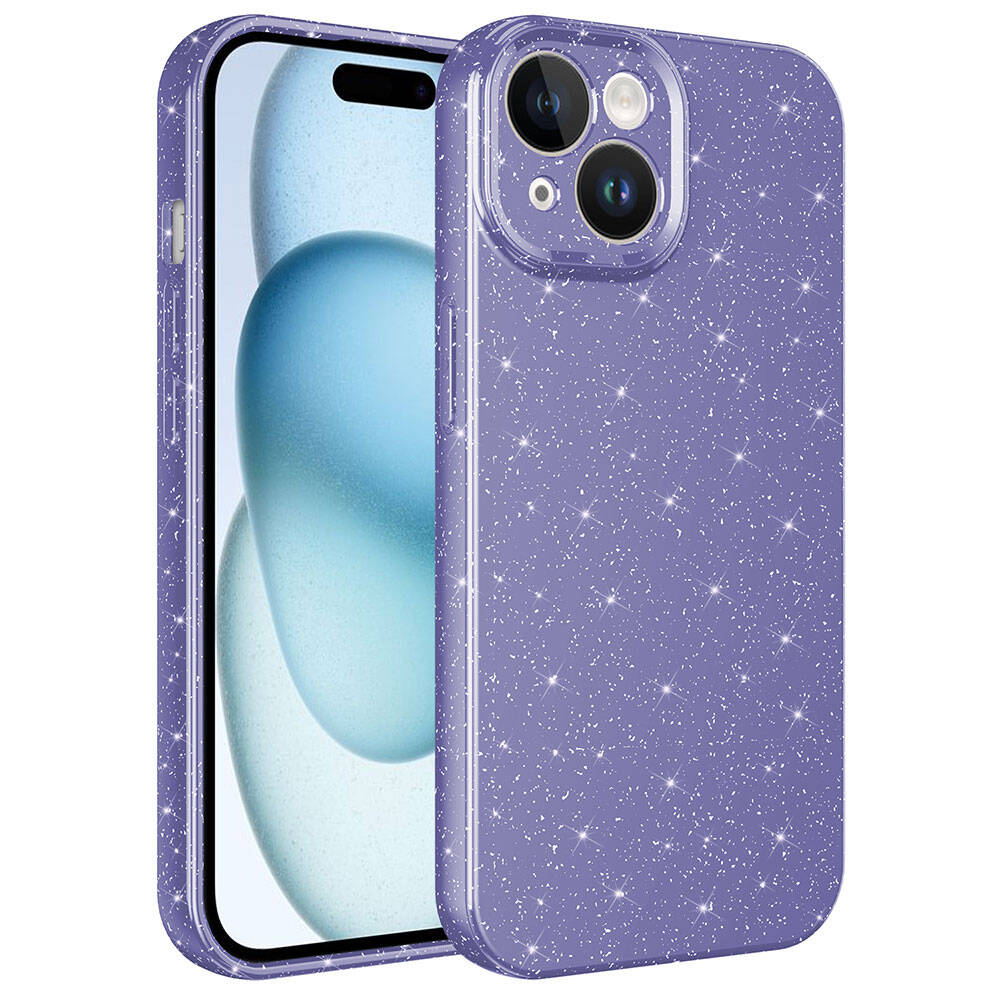 iPhone 15 Uyumlu Kamera Korumalı Simli Lüks NXXA Koton Kapak-Mor