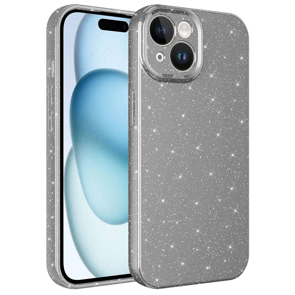 iPhone 15 Uyumlu Kamera Korumalı Simli Lüks NXXA Koton Kapak-Gri