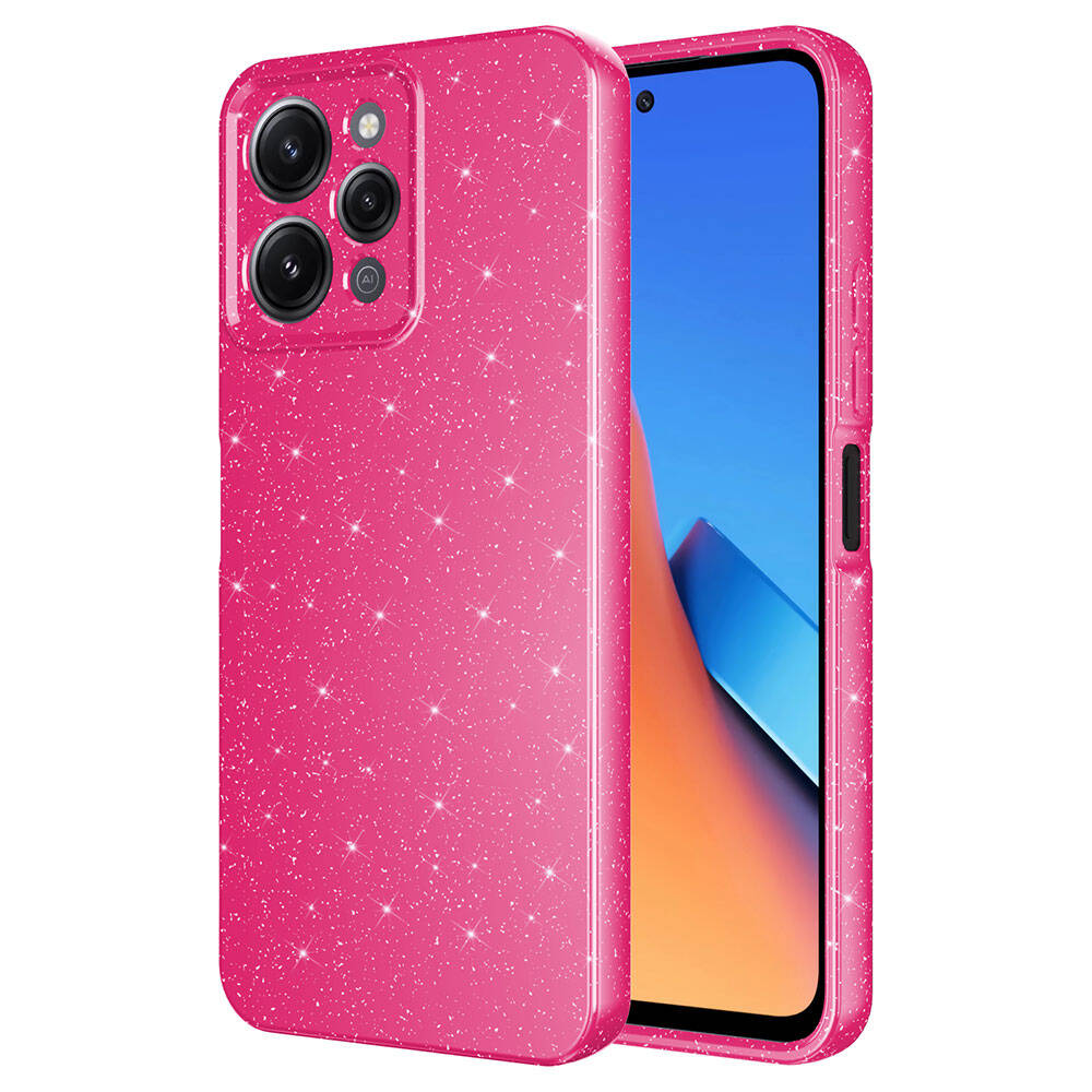 Xiaomi Redmi 12 Kılıf Kamera Korumalı Simli Lüks NXXA Koton Kapak-Pembe Koyu