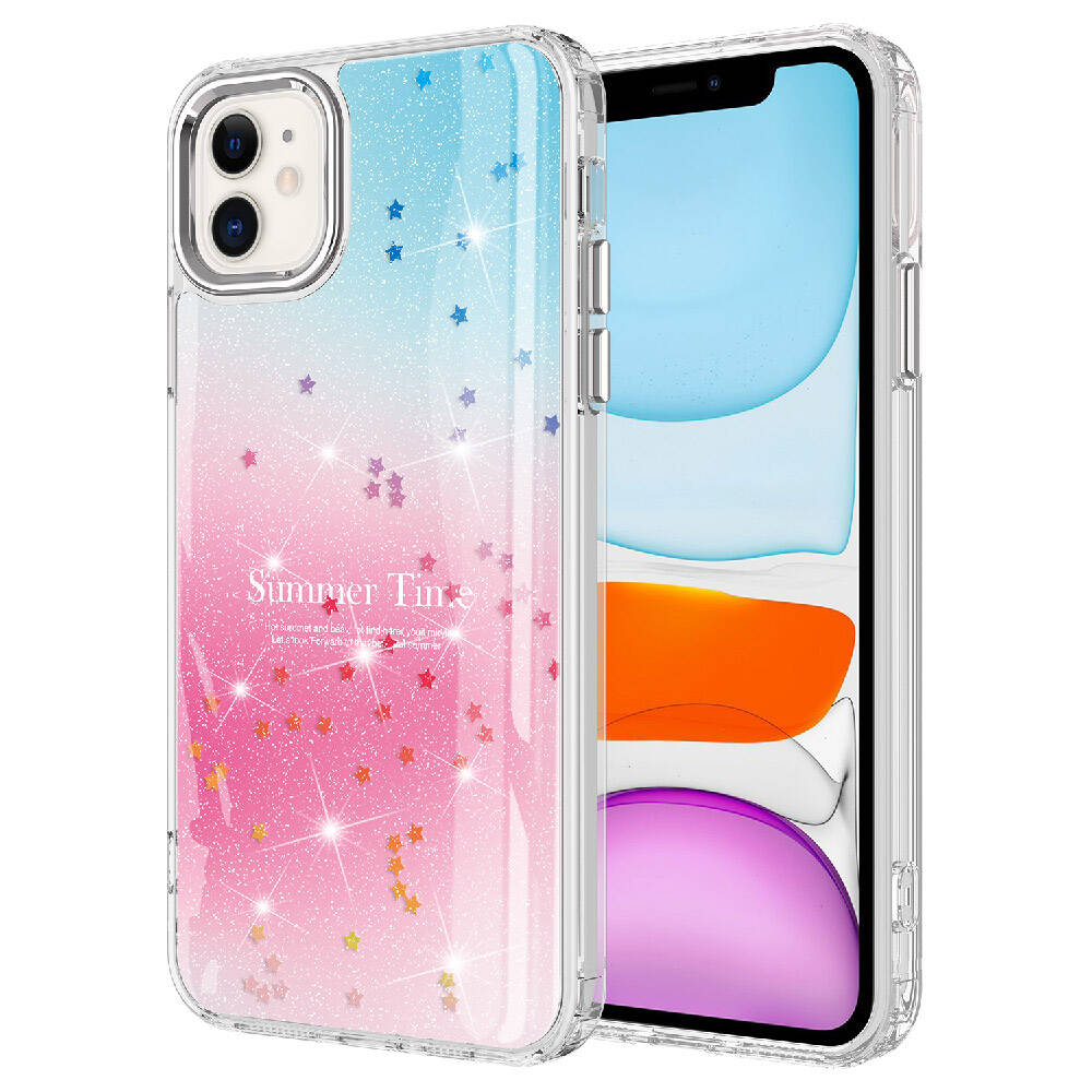 iPhone 11 Uyumlu Simli Desenli Parlak NXXA Task Kapak-Pembe