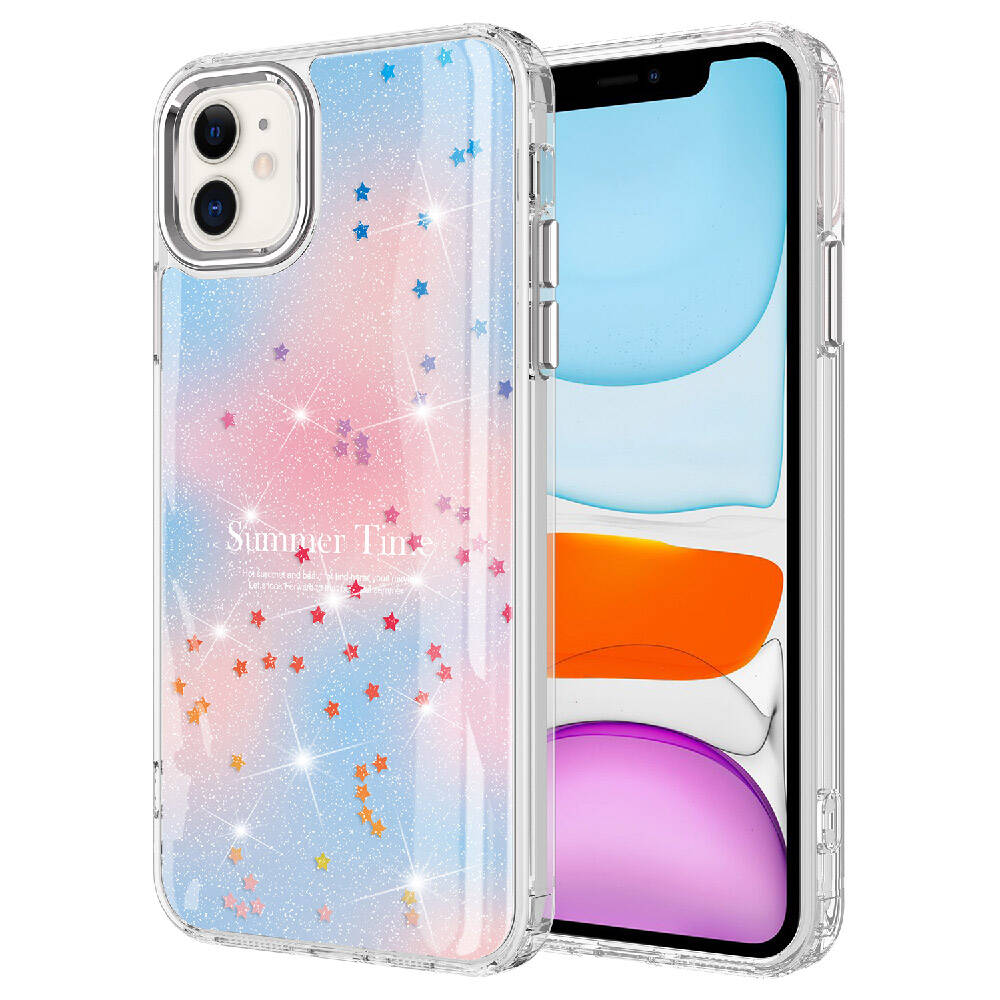 iPhone 11 Uyumlu Simli Desenli Parlak NXXA Task Kapak-Mavi
