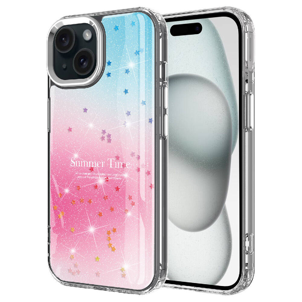Apple iPhone 15 Plus Kılıf Simli Desenli Parlak NXXA Task Kapak-Pembe