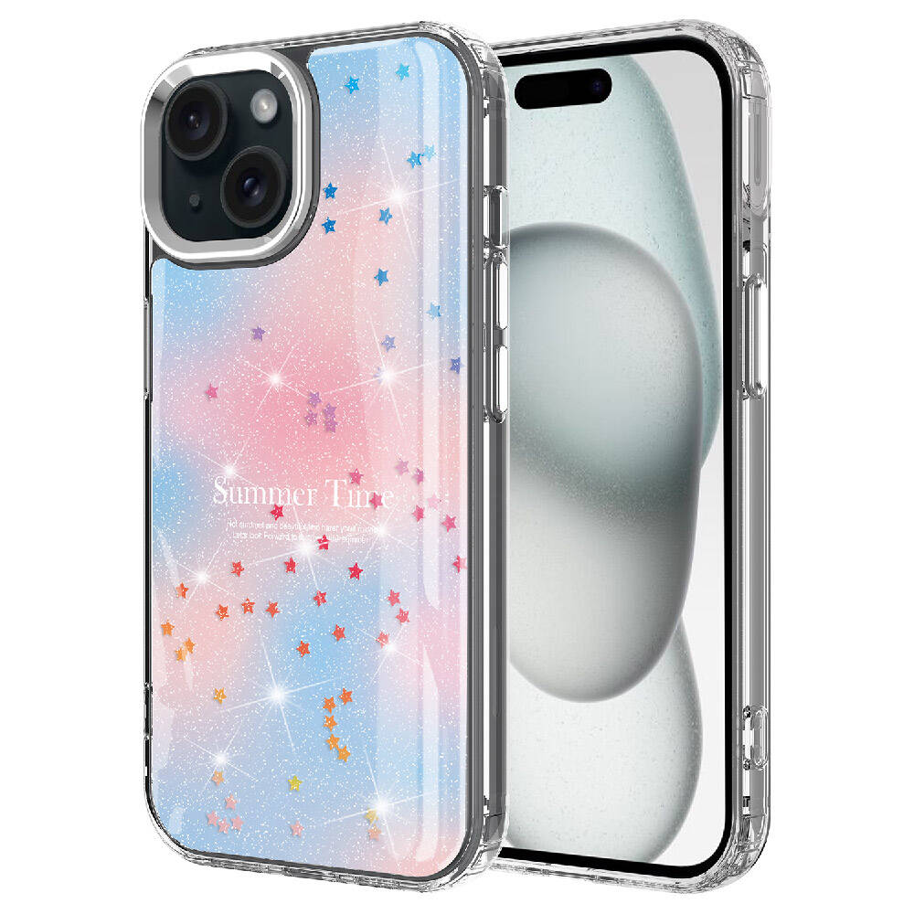 Apple iPhone 15 Plus Kılıf Simli Desenli Parlak NXXA Task Kapak-Mavi