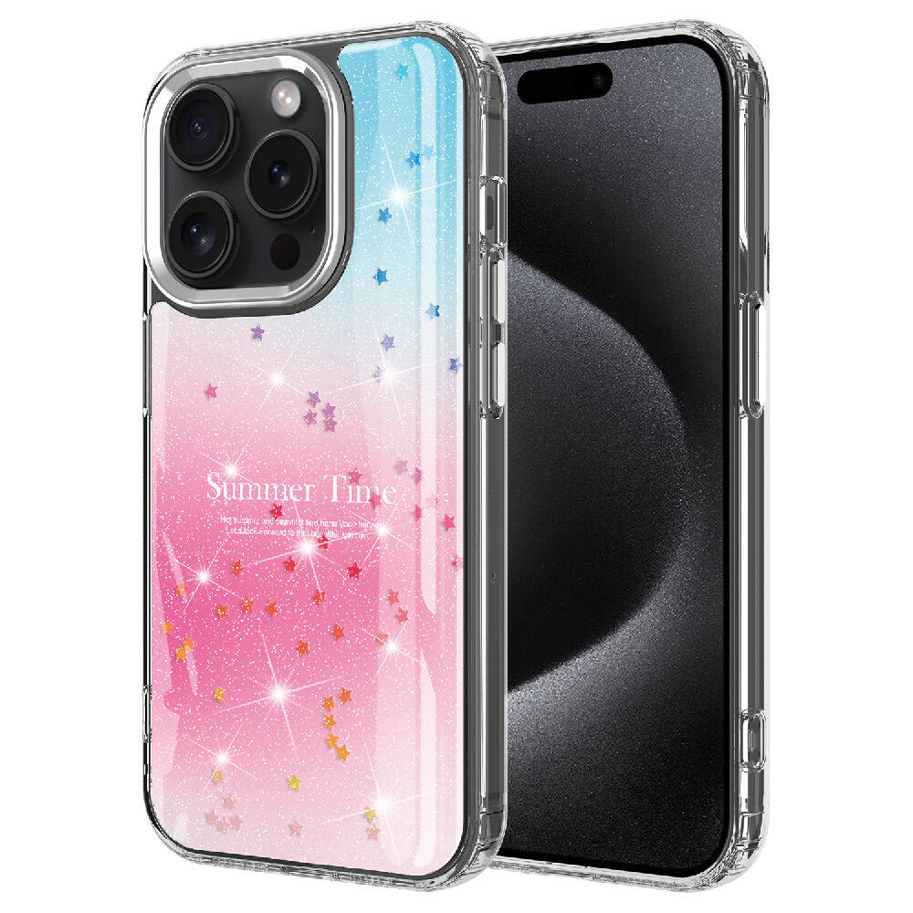 iPhone 15 Pro Max Uyumlu Simli Desenli Parlak NXXA Task Kapak-Pembe