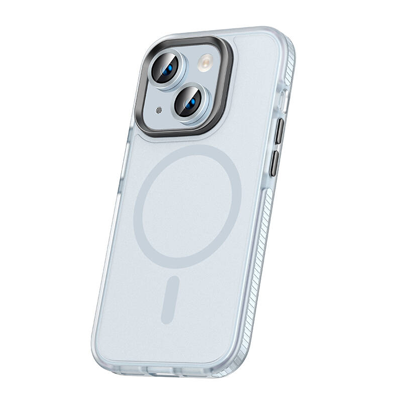 Apple iPhone 15 Plus Kılıf Airbagli Magsafe Wireless Şarj Özellikli Lens Koruyuculu NXXA Klaptika Kapak-Mavi Açık