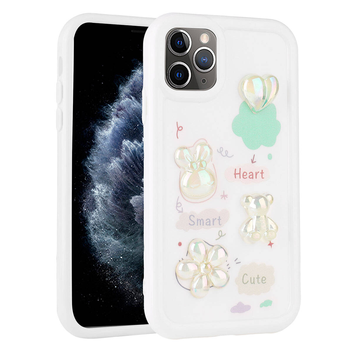 iPhone 11 Pro Max Uyumlu Kabartma Figürlü Parlak NXXA Toys Silikon Kapak-Beyaz