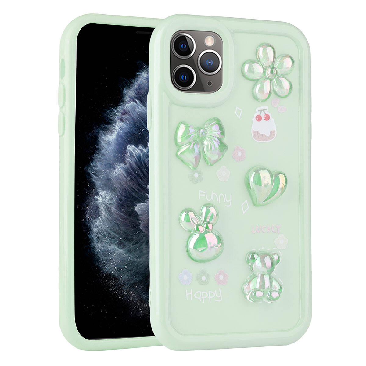 iPhone 11 Pro Max Uyumlu Kabartma Figürlü Parlak NXXA Toys Silikon Kapak-Açık Yeşil