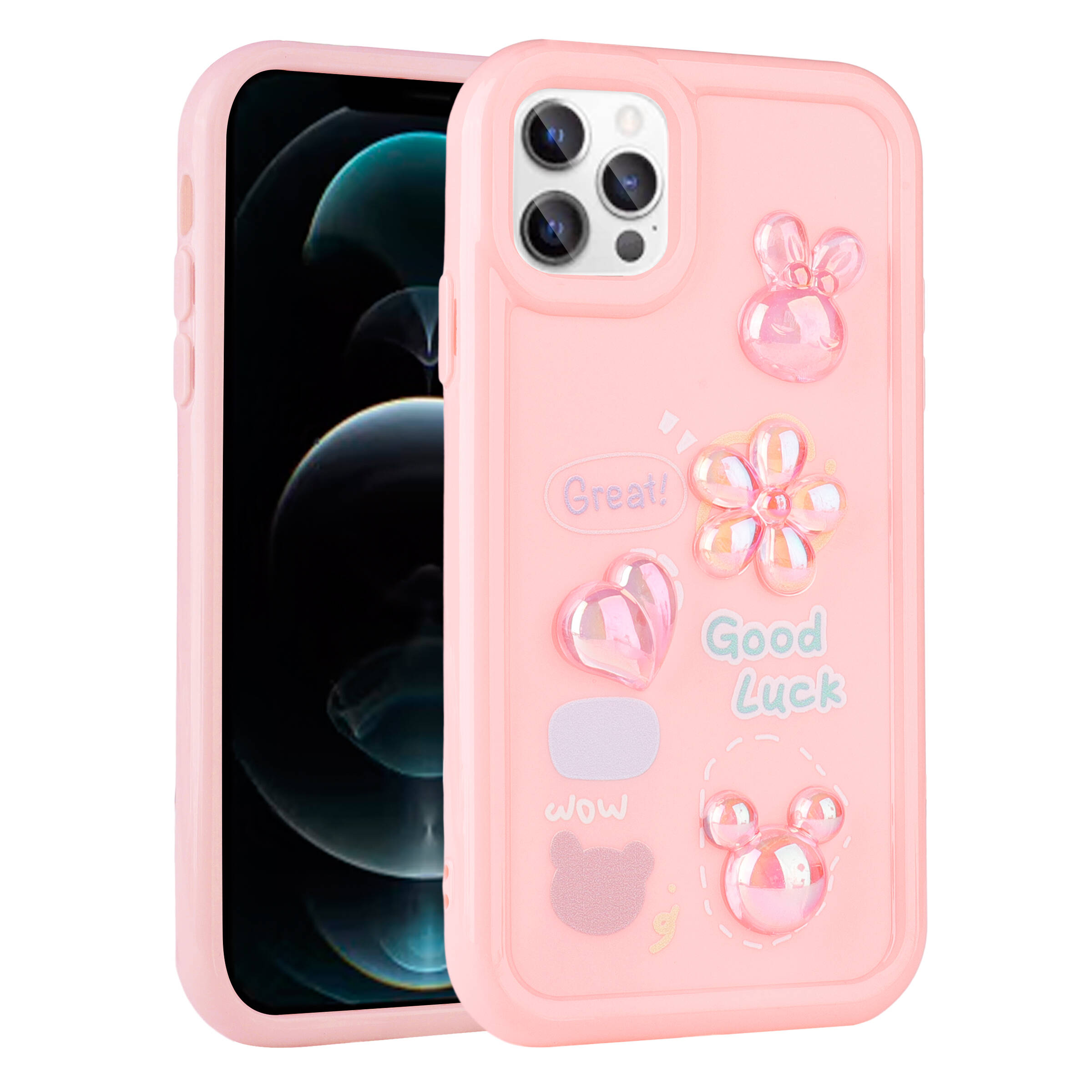 Apple iPhone 13 Pro Kılıf Kabartma Figürlü Parlak NXXA Toys Silikon Kapak-Pembe