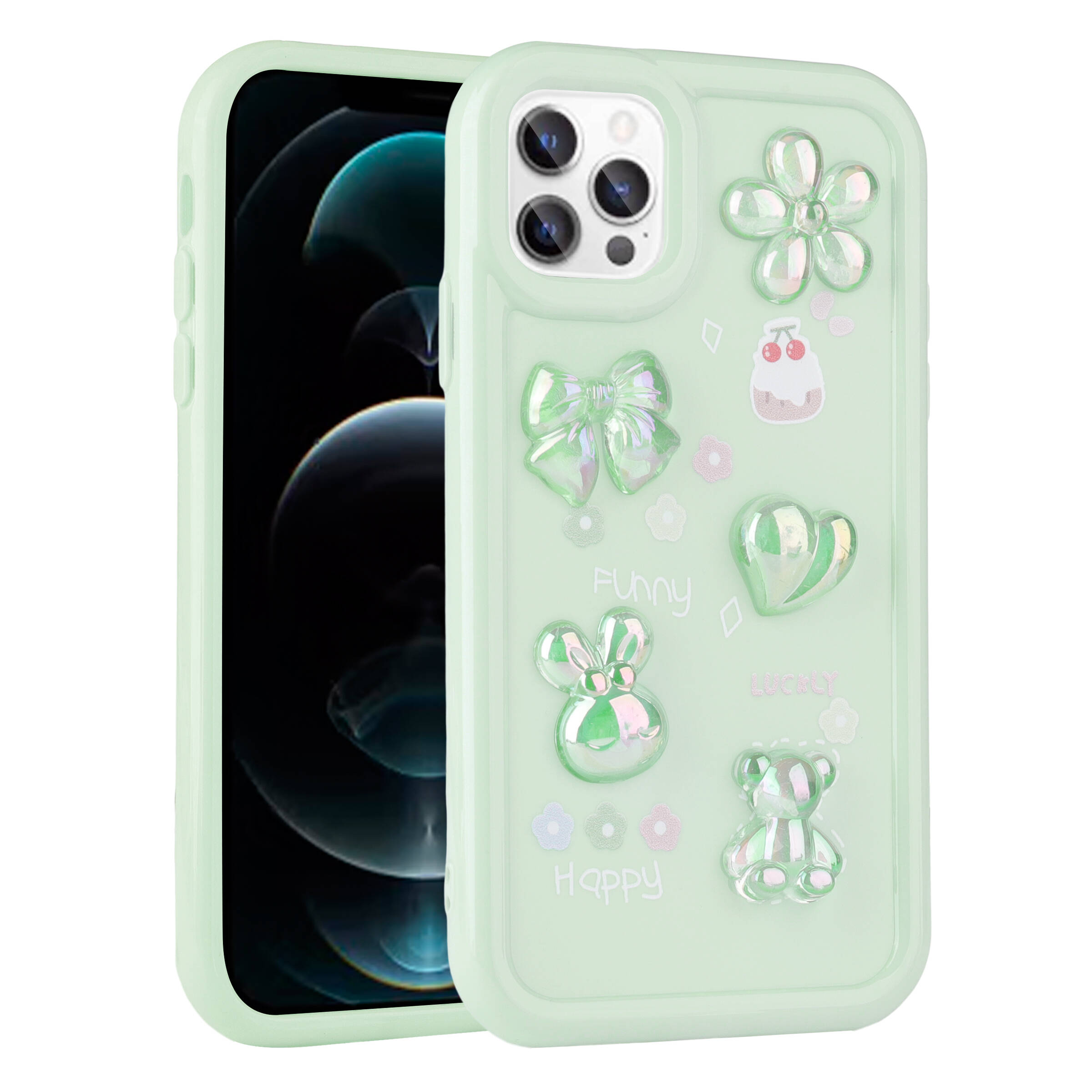 Apple iPhone 13 Pro Kılıf Kabartma Figürlü Parlak NXXA Toys Silikon Kapak-Açık Yeşil