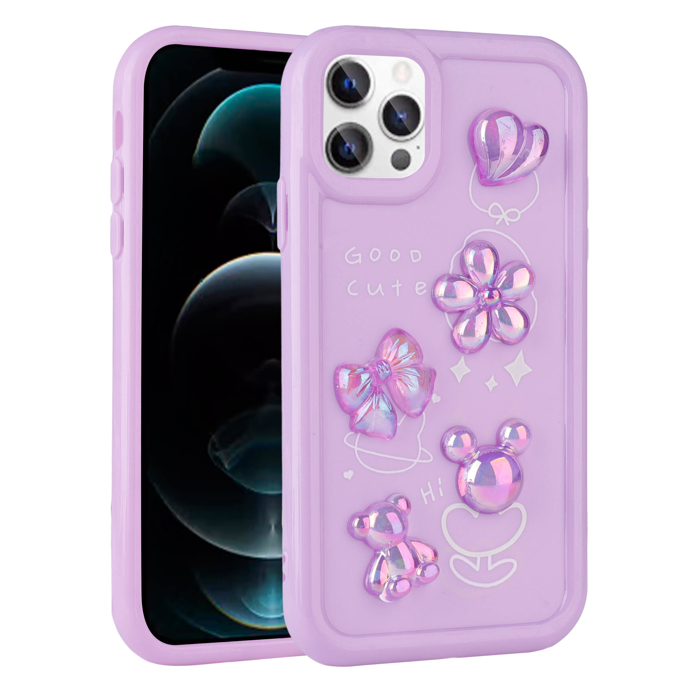 Apple iPhone 13 Pro Max Kılıf Kabartma Figürlü Parlak NXXA Toys Silikon Kapak-Mor