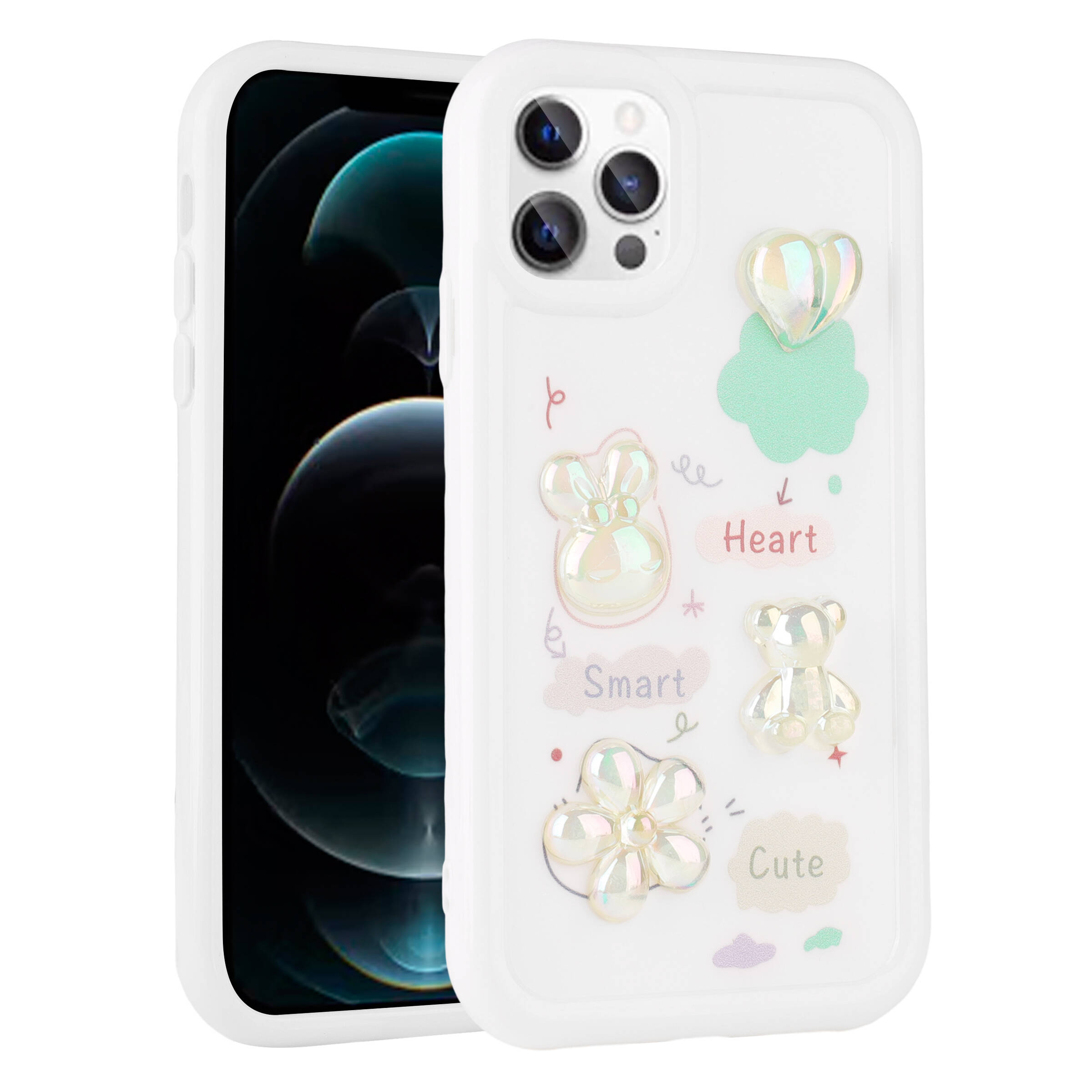 Apple iPhone 13 Pro Max Kılıf Kabartma Figürlü Parlak NXXA Toys Silikon Kapak-Beyaz