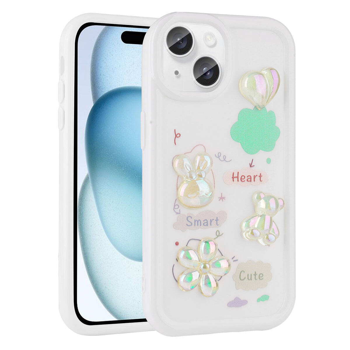 iPhone 14 Uyumlu Kabartma Figürlü Parlak NXXA Toys Silikon Kapak-Beyaz