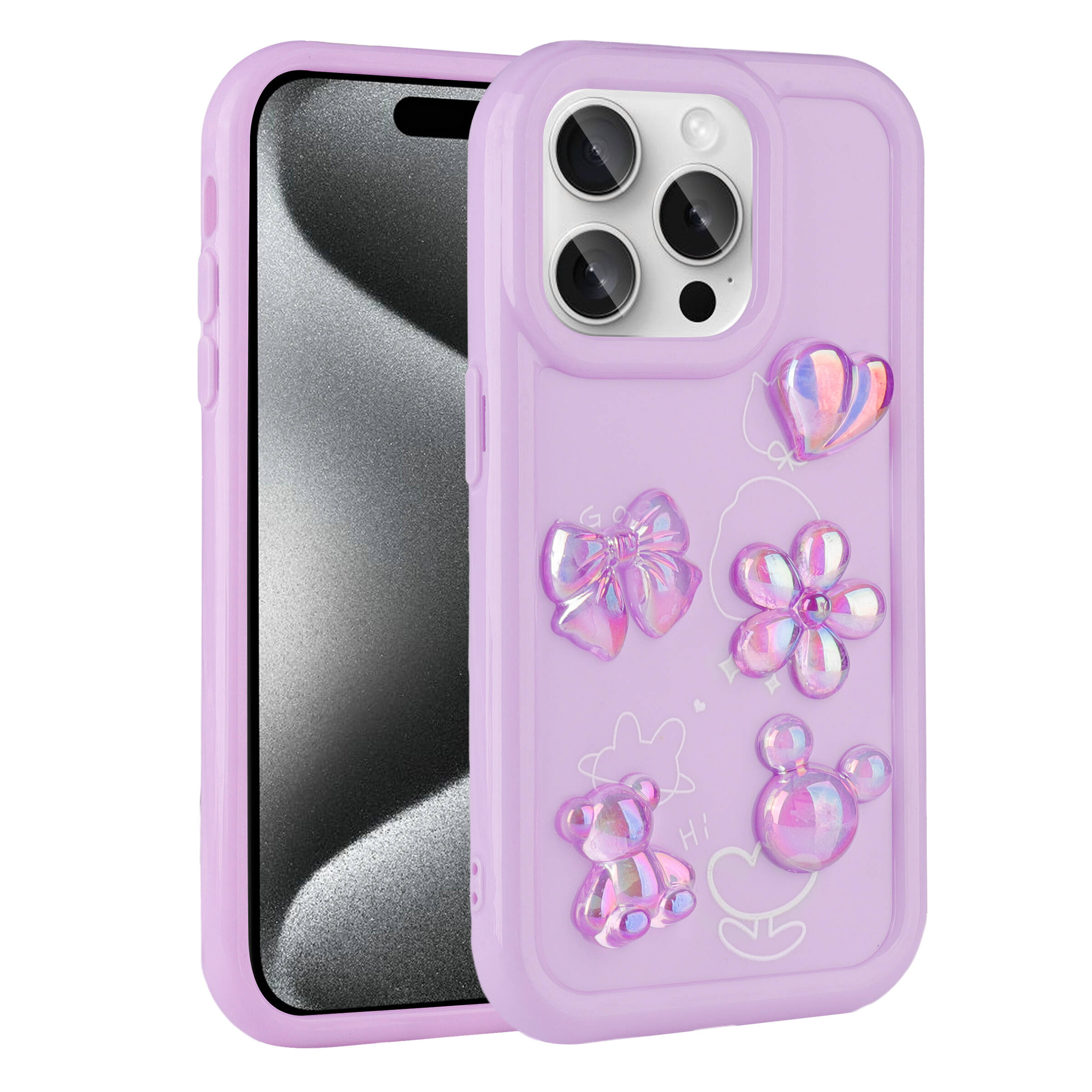 iPhone 15 Pro Max Uyumlu Kabartma Figürlü Parlak NXXA Toys Silikon Kapak-Mor