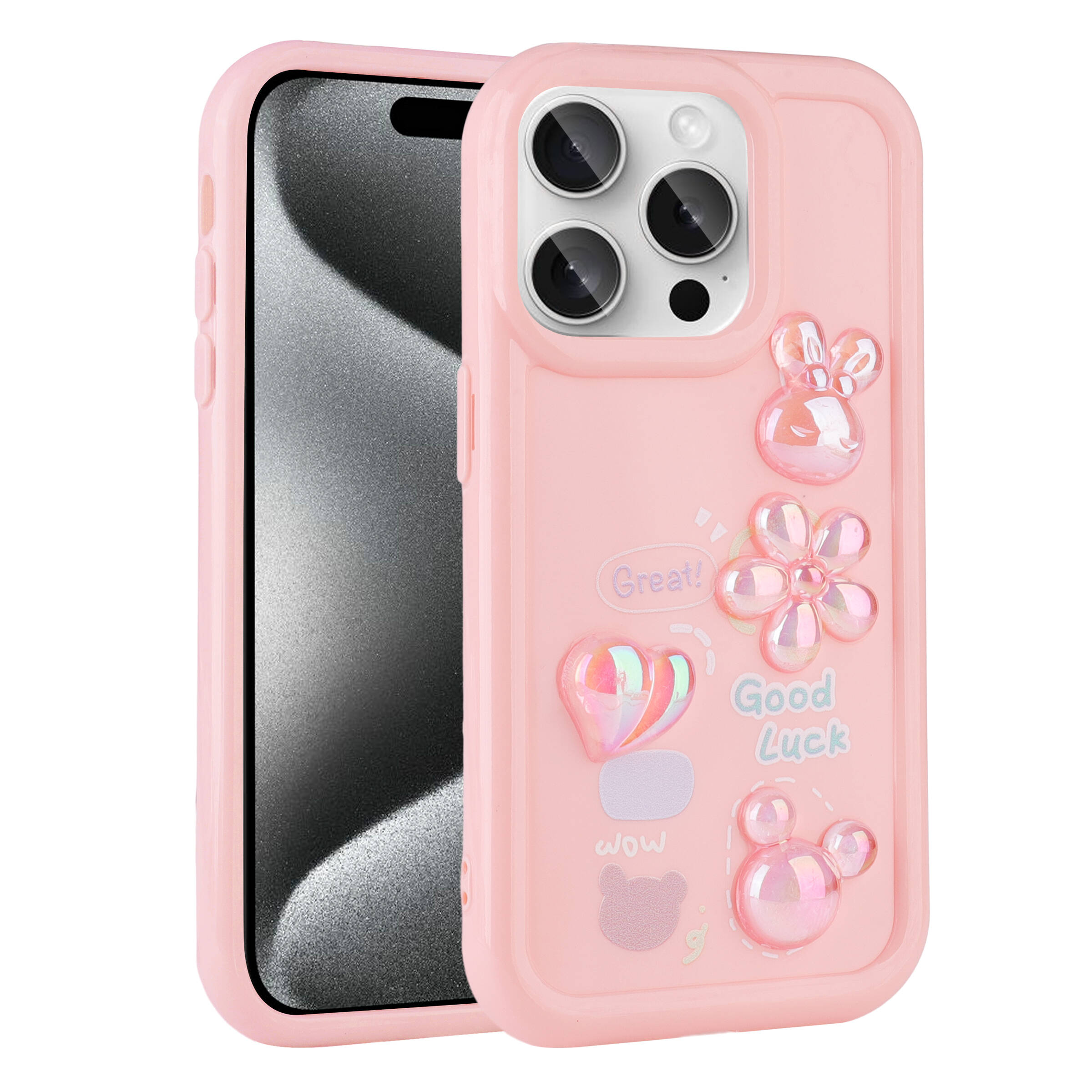 iPhone 15 Pro Uyumlu Kabartma Figürlü Parlak NXXA Toys Silikon Kapak-Pembe