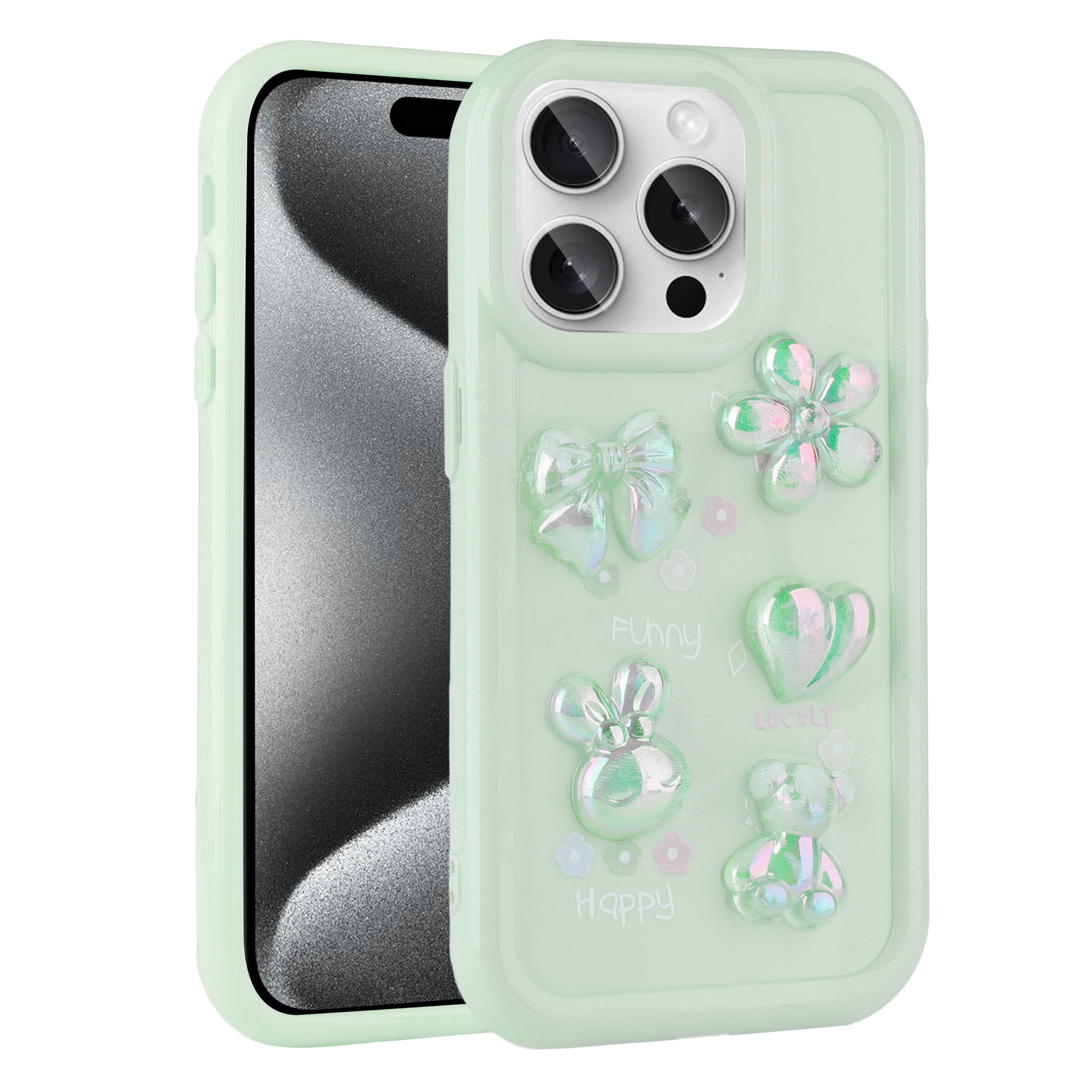 Apple iPhone 15 Pro Kılıf Kabartma Figürlü Parlak NXXA Toys Silikon Kapak-Açık Yeşil