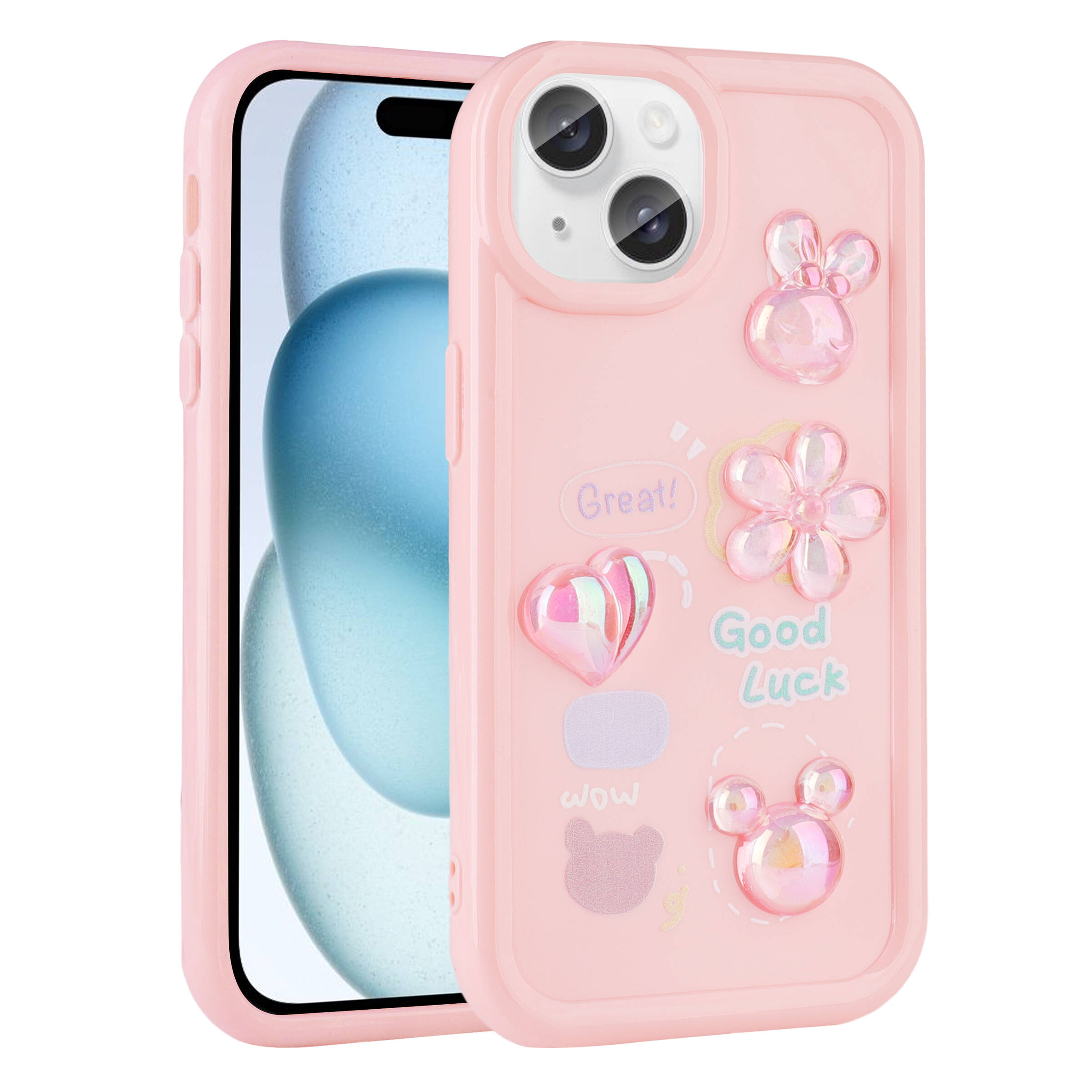 iPhone 15 Plus Uyumlu Kabartma Figürlü Parlak NXXA Toys Silikon Kapak-Pembe