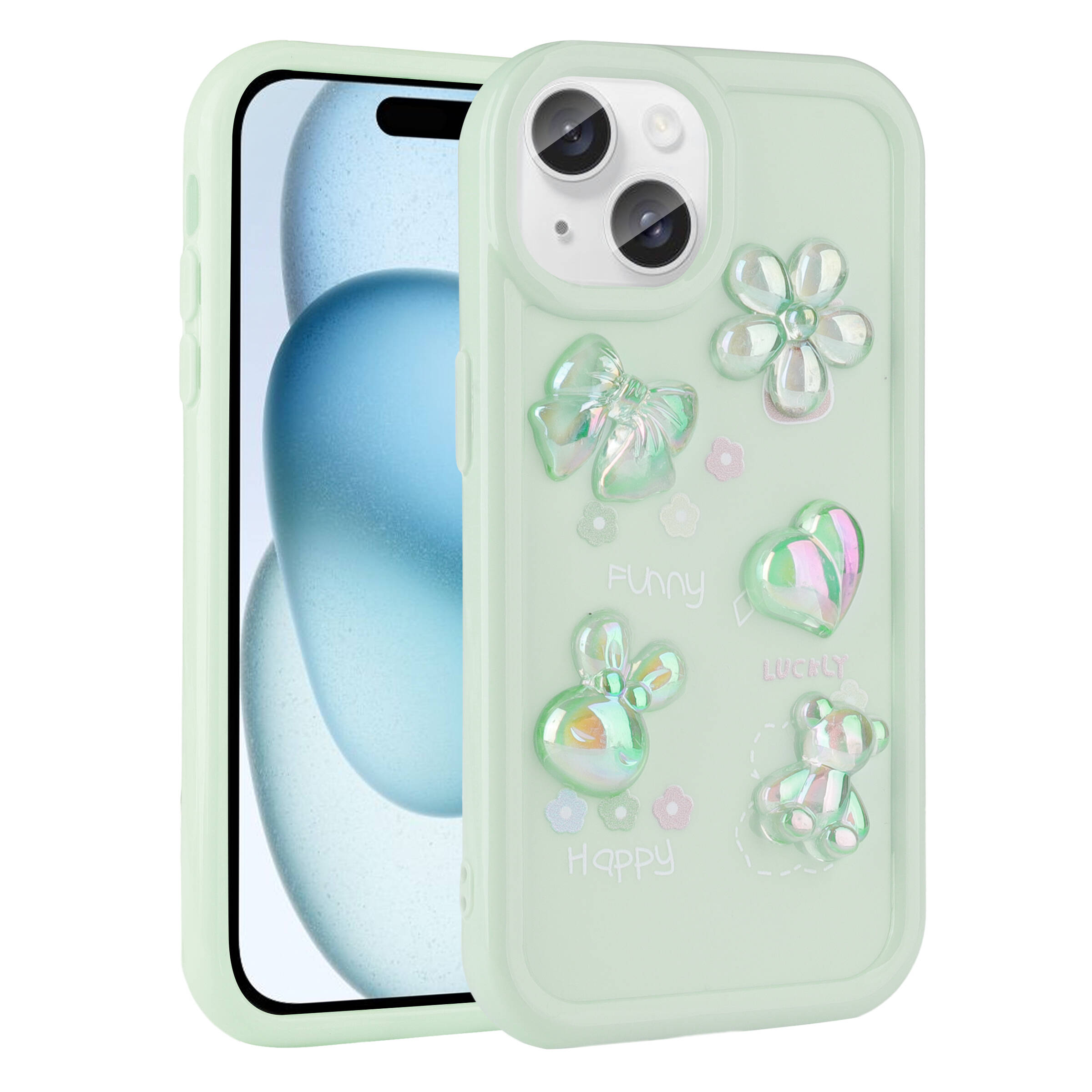 Apple iPhone 15 Plus Kılıf Kabartma Figürlü Parlak NXXA Toys Silikon Kapak-Açık Yeşil