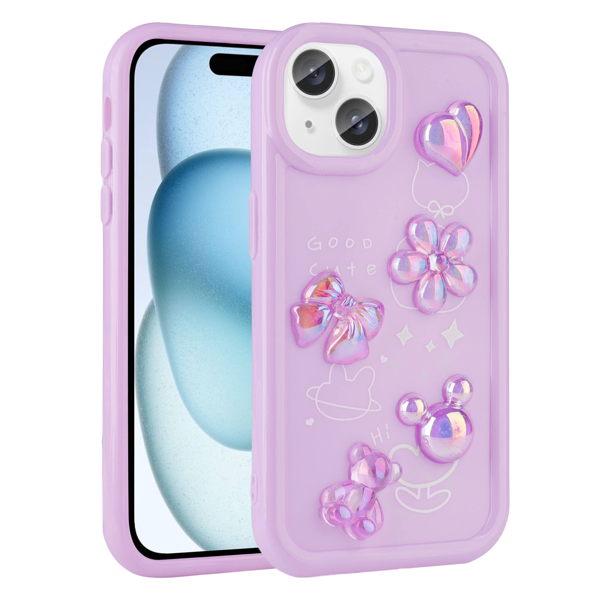 iPhone 15 Uyumlu Kabartma Figürlü Parlak NXXA Toys Silikon Kapak-Mor