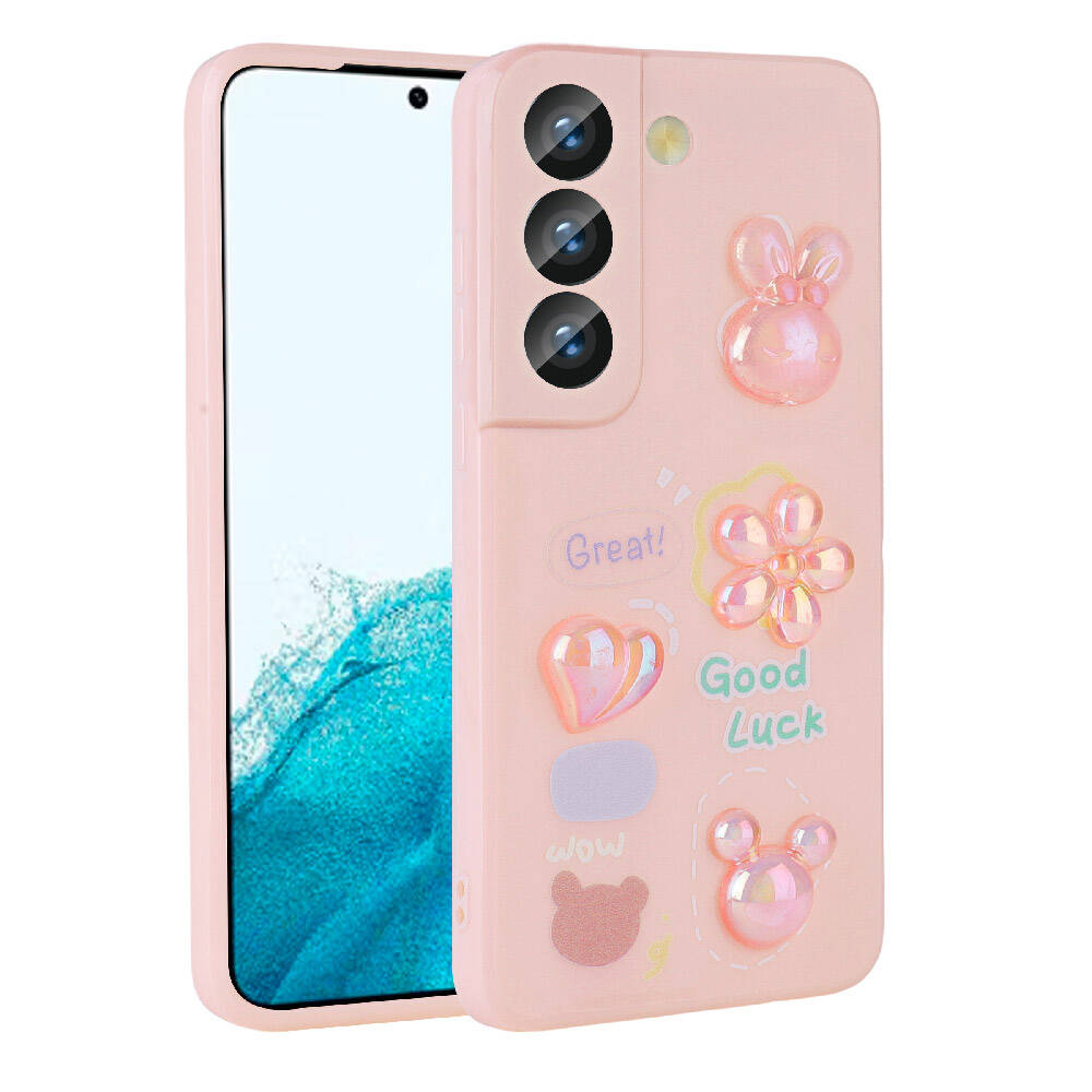 Galaxy S21 FE Kılıf Kabartma Figürlü Parlak NXXA Toys Silikon Kapak-Pembe
