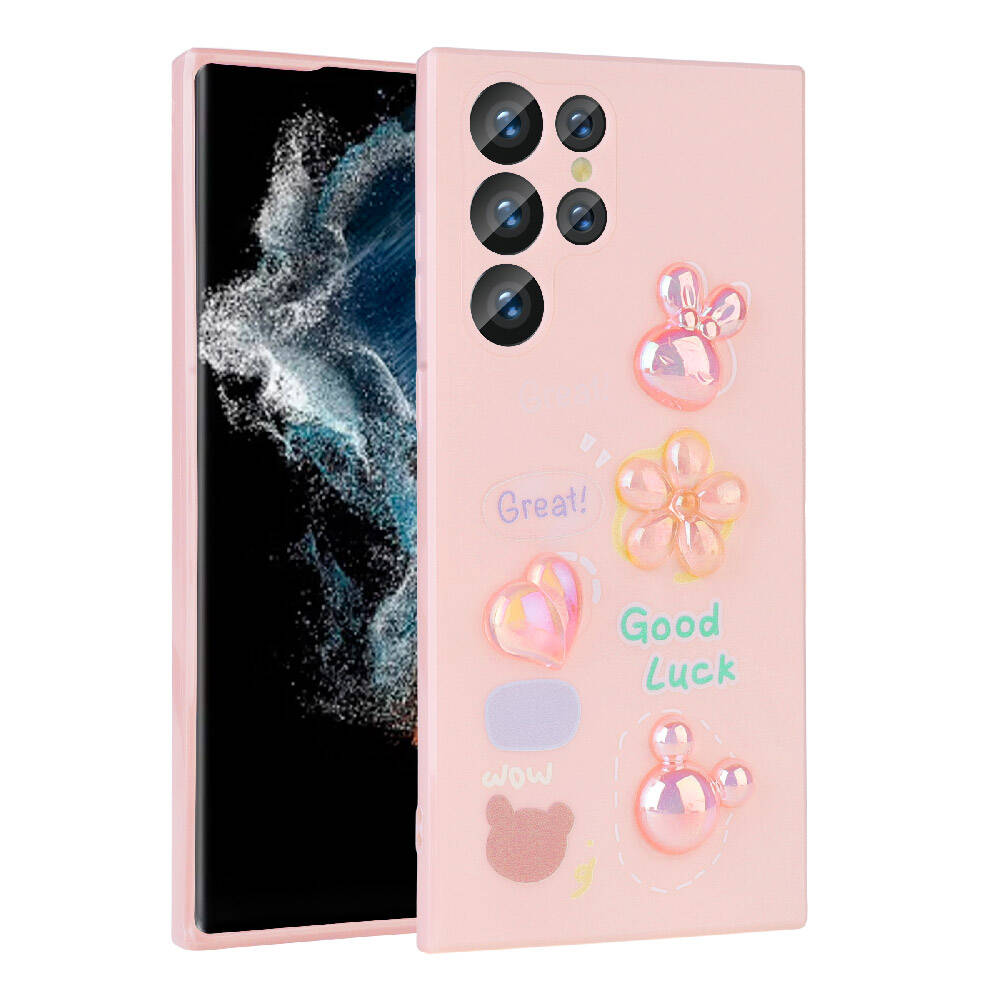Galaxy S23 Ultra Kılıf Kabartma Figürlü Parlak NXXA Toys Silikon Kapak-Pembe