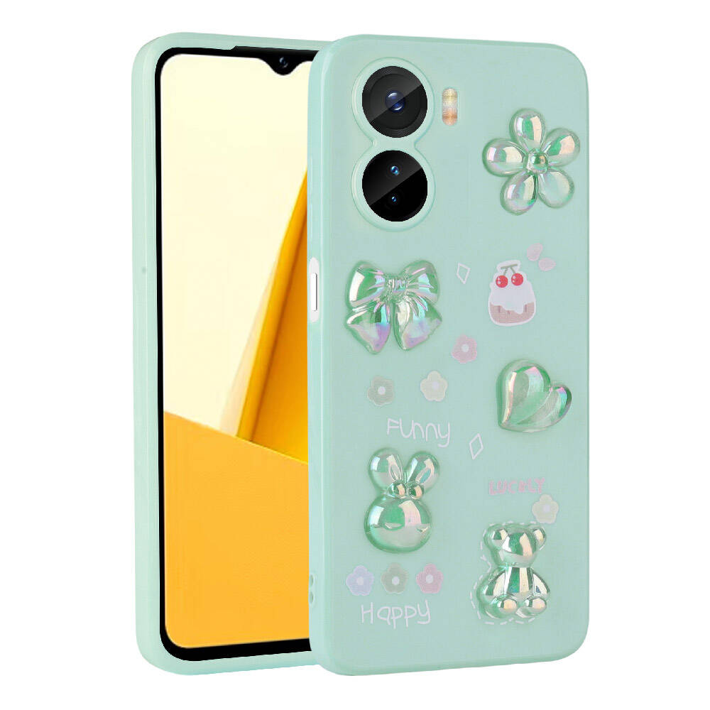 Vivo Y16 Kılıf Kabartma Figürlü Parlak NXXA Toys Silikon Kapak-Açık Yeşil