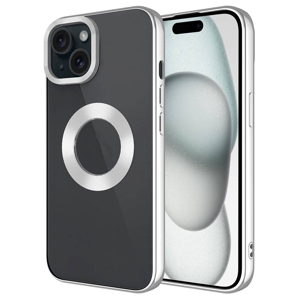 iPhone 15 Plus Uyumlu Tek Kamera Çerçeveli Logo Gösteren NXXA Omega Kapak-Gümüş