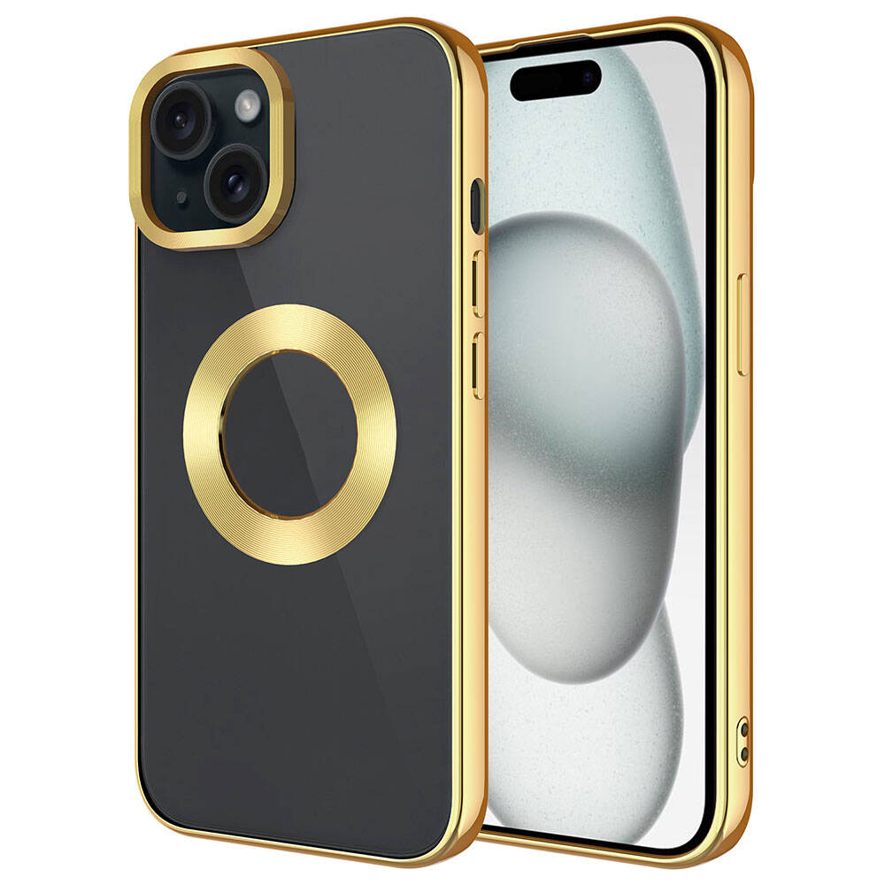 iPhone 15 Plus Uyumlu Tek Kamera Çerçeveli Logo Gösteren NXXA Omega Kapak-Gold